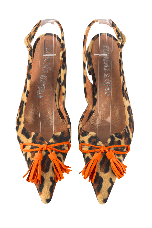 Safari black and clementine orange women's open back shoes, with a knot. Pointed toe. Flat flare heels. Top view - Florence KOOIJMAN